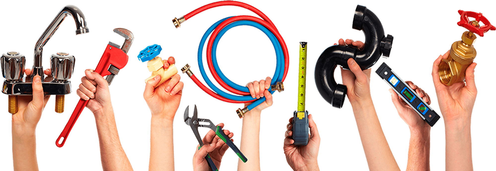 Hands holding plumbing tools and pipe fittings for professional drain cleaning services.